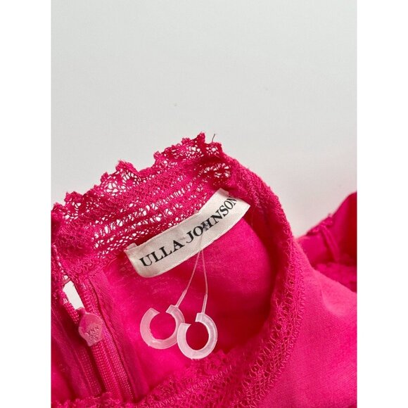 ULLA JOHNSON Amour Fuchsia Pink Cotton Lace Ruffle Balloon Sleeve Dress, Size 6 - Picture 14 of 16